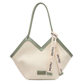 Chic Textured PU Leather Tote Bag with V-Cut Design & Decorative Ribbon Strap Accent(Green)