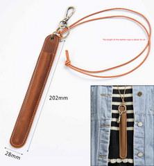 Brown Vintage Top-Grain Leather Pen Sleeve Holder with Neck Strap - Protective Single Pen Case