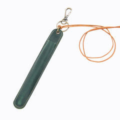 Green Vintage Top-Grain Leather Pen Sleeve Holder with Neck Strap - Protective Single Pen Case