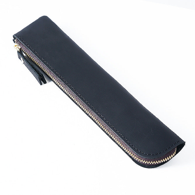 Black Vintage Crazy Horse Leather Zippered Pen Case - Retro Pencil Pouch & Small Accessories Bag