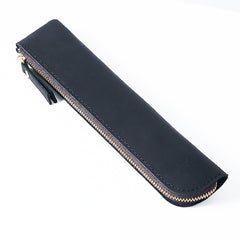 Black Vintage Crazy Horse Leather Zippered Pen Case - Retro Pencil Pouch & Small Accessories Bag
