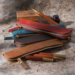 Brown Vintage Crazy Horse Leather Zippered Pen Case - Retro Pencil Pouch & Small Accessories Bag