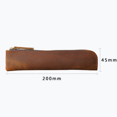 Brown Vintage Crazy Horse Leather Zippered Pen Case - Retro Pencil Pouch & Small Accessories Bag