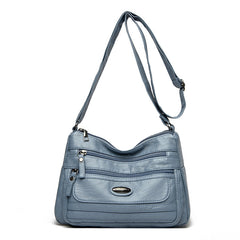 Blue Women's Soft Washed PU Leather Crossbody Bag - Multi-Pocket Casual Shoulder Purse for Everyday Organization