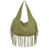 Green Boho Chic Fringed Hobo Bag - Large Capacity Soft Faux Suede Shoulder Tote with Tassel Detail