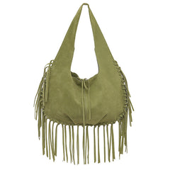 Green Boho Chic Fringed Hobo Bag - Large Capacity Soft Faux Suede Shoulder Tote with Tassel Detail