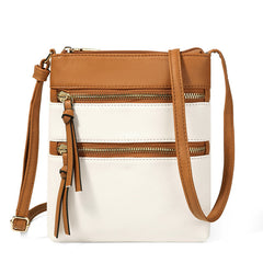 Brown and White Compact Women's Crossbody Bag - Adjustable Strap, Double Zipper Closure, 18x21cm Lightweight PU Leather Shoulder Bag