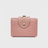 Pink Elegant Croc Embossed Womens Wallet - Short PU Leather Bifold with Removable Kisslock Coin Purse & Card Holder