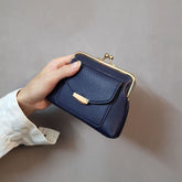 Dark Blue Vintage Style Women's Kiss Lock Coin Purse - Compact PU Leather Wallet with Card Holder