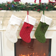 Green Large Cable Knit Christmas Stocking - Classic 43cm Holiday Decor for Fireplace Hanging