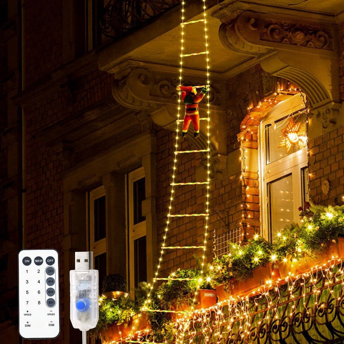 Festive Climbing Santa LED Ladder Light - USB Powered Outdoor Christmas Hanging Decoration with Remote(3m)