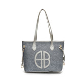 Stylish Large Capacity Tote Bag with PU Leather Trim & Logo Detail(Blue with Silver)