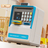 Kids Electronic ATM Piggy Bank with Simulated Facial Recognition & Password - Auto Roll-in Banknote & Coin Money Box for Financial Learning(blue)