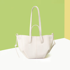 White Chic Minimalist PU Leather Tote Bag - Women's Versatile Shoulder Handbag with Contrast Stitching