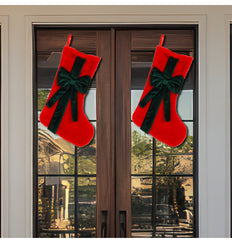 2 Pcs Red Stitching White Bow Luxurious Velvet Christmas Stocking with Elegant Bow - Large 45cm Holiday Mantel Decoration