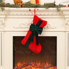 2 Pcs Red Stitching Green Bow Luxurious Velvet Christmas Stocking with Elegant Bow - Large 45cm Holiday Mantel Decoration