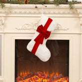 2 Pcs White Stitching Red Bow Luxurious Velvet Christmas Stocking with Elegant Bow - Large 45cm Holiday Mantel Decoration