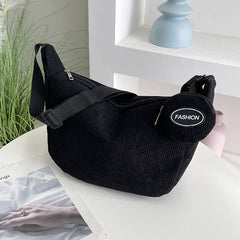 Black Minimalist Corduroy Crossbody Bag – Large Capacity Single Shoulder & Diagonal Sling Bag in Korean Style