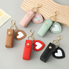 Black Portable Lipstick Case with Heart Mirror & Keychain – Cute PU Leather Holder (3-Pack)