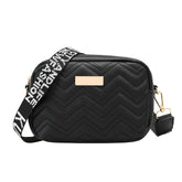 Women's Black Quilted Crossbody Bag Small PU Leather Shoulder Purse with Wide Patterned Strap Ideal for Travel and Daily Use