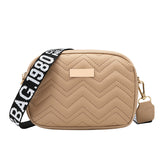 Women's khaki Quilted Crossbody Bag Small PU Leather Shoulder Purse with Wide Patterned Strap Ideal for Travel and Daily Use