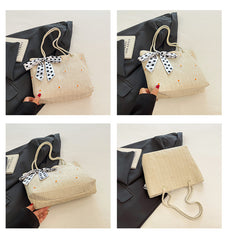 White Women's Straw Woven Tote Bag Summer Daisy Embroidery Shoulder Handbag with Ribbon Scarf