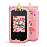 Kids Unicorn Smart Phone Toy with Dual Camera and IPS Touch Screen Educational Games MP3 Music Player 512MB Card Included Pink Silicone Case Ideal for Girls Gift