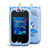Kids Unicorn Smart Phone Toy with Dual Camera and IPS Touch Screen Educational Games MP3 Music Player 512MB Card Included Blue Silicone Case Ideal for Girls Gift