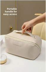 Large Capacity Travel Cosmetic Bag Portable PU Leather Pillow Pouch Waterproof Make Up Organiser Toiletry Case with Handle Apricot White