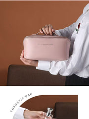 Large Capacity Travel Cosmetic Bag Portable PU Leather Pillow Pouch Waterproof Make Up Organiser Toiletry Case with Handle Rose pink
