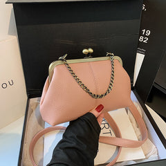 Pink Retro Women's Shell Handbag - European Style Clip Lock Closure PU Clutch/Shoulder Bag with Chain Strap