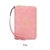 Pink RFID Blocking Travel Passport Holder - Multi-functional Waterproof PU Leather Security Travel Wallet with Zipper and Wristband