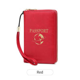Red RFID Blocking Travel Passport Holder - Multi-functional Waterproof PU Leather Security Travel Wallet with Zipper and Wristband