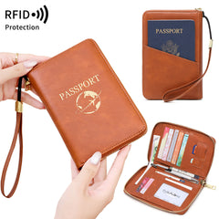 Red RFID Blocking Travel Passport Holder - Multi-functional Waterproof PU Leather Security Travel Wallet with Zipper and Wristband
