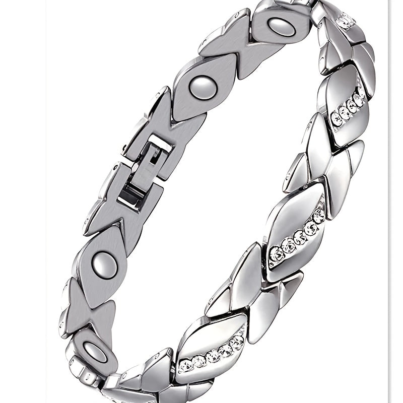 Leaf Magnetic Therapy Bracelet with Rhinestones - Geometric Stylish Wristband & Wellness Jewelry, Free Removel Tool(Sliver)