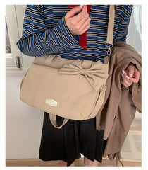 Khaki Puffy Quilted Nylon Hobo & Crossbody Bag with Cute Bowknot - Trendy Large-Capacity Handbag with Multiple Compartments