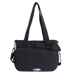 Black Puffy Quilted Nylon Hobo & Crossbody Bag with Cute Bowknot - Trendy Large-Capacity Handbag with Multiple Compartments