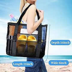 2-PCS Grey Mesh Beach Tote Bag – Large Capacity Swim Gear Organizer with Multiple Pockets for Shoes, Swimsuits, and Essentials