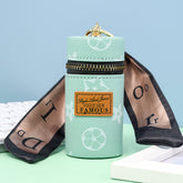 Green Mini Cylinder Lipstick Case Keychain with Silk Scarf Charm PU Leather Coin Purse Bag Pendant for Earphones Keys Vintage Floral Pattern
