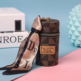 Women's Mini Cylinder Lipstick Case Keychain Brown Geometric Triangle Pattern Coin Purse with Silk Scarf Bag Charm for Earphones Keys