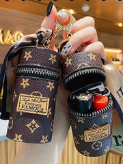 Women's Mini Cylinder Lipstick Case Keychain Brown Geometric Triangle Pattern Coin Purse with Silk Scarf Bag Charm for Earphones Keys