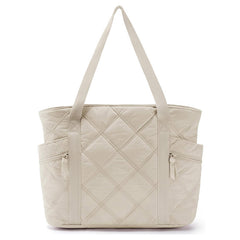 Womens Puffer Tote Bag Quilted Nylon Shoulder Handbag Large Capacity Laptop Work Travel Gym Carryall Bag with Zipper Beige