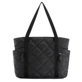 Womens Puffer Tote Bag Quilted Nylon Shoulder Handbag Large Capacity Laptop Work Travel Gym Carryall Bag with Zipper Black