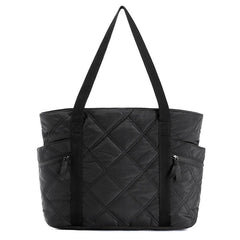 Womens Puffer Tote Bag Quilted Nylon Shoulder Handbag Large Capacity Laptop Work Travel Gym Carryall Bag with Zipper Black