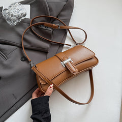 Womens Classic Baguette Shoulder Bag Soft PU Leather Underarm Purse with Adjustable Strap Crossbody Handbag Minimalist 90s Style Brown