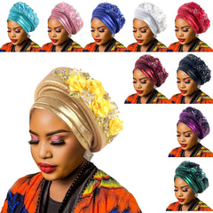 Women's Luxury Black Turban Hat with Beaded Floral Embellishments Pre-Tied African Style Headwrap for Weddings Parties & Special Occasions