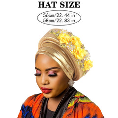 Women's Luxury Pink Turban Hat with Beaded Floral Embellishments Pre-Tied African Style Headwrap for Weddings Parties & Special Occasions