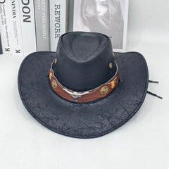 Rustic Western Cowboy Hat - Distressed Faux Leather Look Wide Brim Outback Sun Hat with Bull Head Emblem for Men & Women (Black)