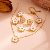 3-Piece Floral Jewellery Set (White Shell Style) - Gold Plated Stainless Steel 5-Petal Flower Necklace, Bracelet & Earrings - Tarnish Free & Hypoallergenic Gift for Women