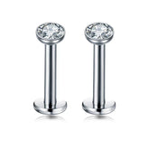 2 PCS Internally Threaded Labret Studs - 16G 8mm Stainless Steel Flat Back with 3mm CZ Crystal - Silver Tone Body Piercing for Lip Tragus Helix